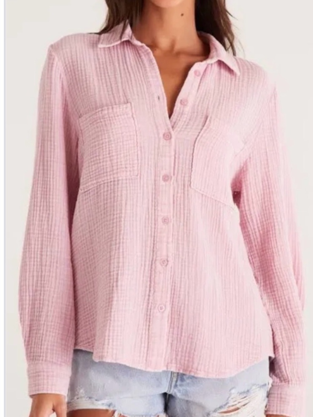 Z Supply Light Pink Button-Front Gauze Shirt